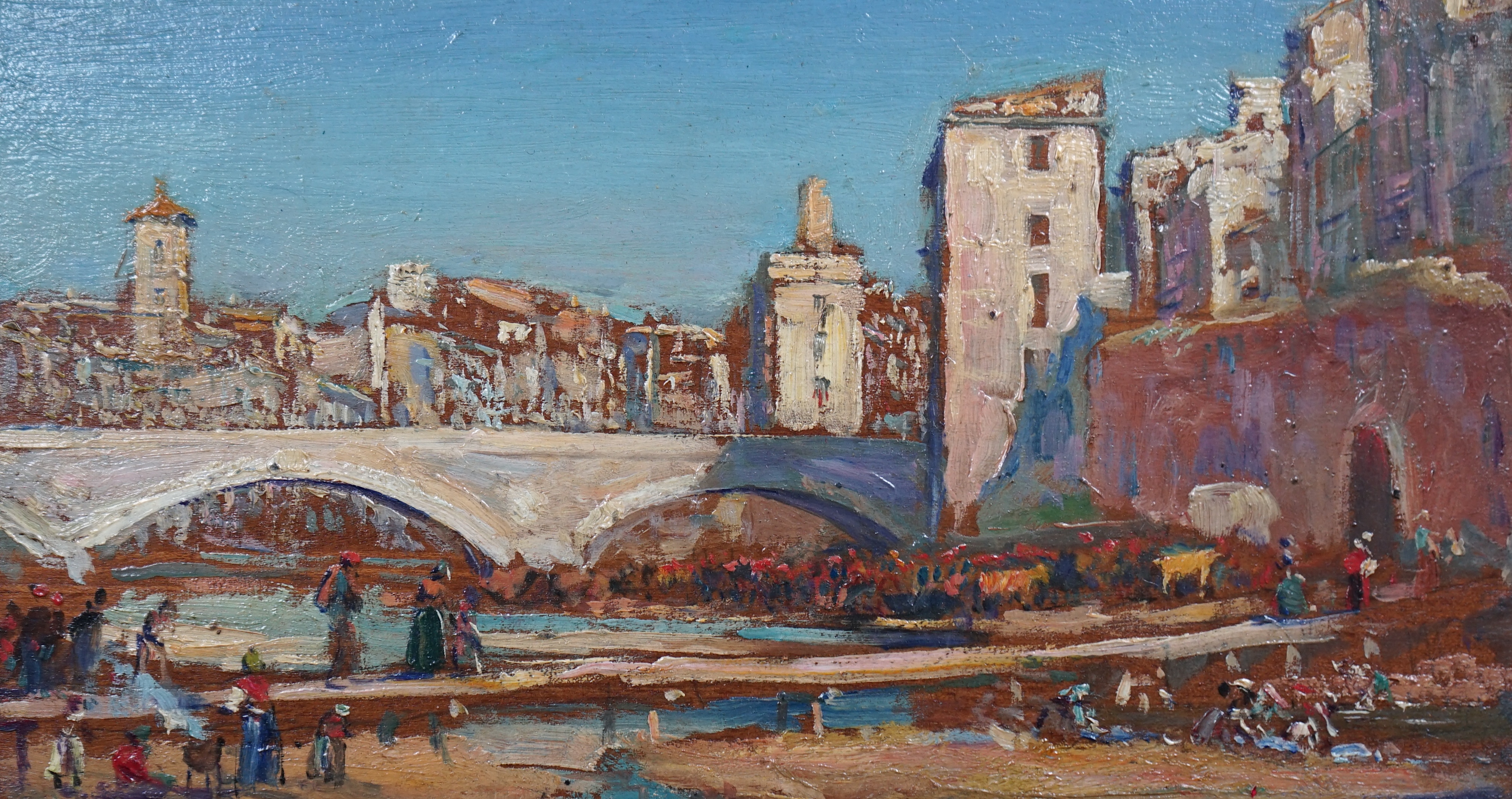 Arthur Trevor Haddon (British, 1864-1941), 'Procession along a river-bed, Gerona', oil on board, 11.5 x 21cm